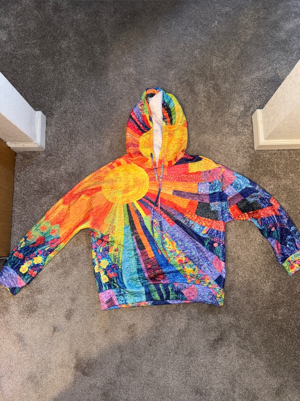 Women’s Multicolor Sunburst Hooded Jacket - Vibrant Patchwork Design